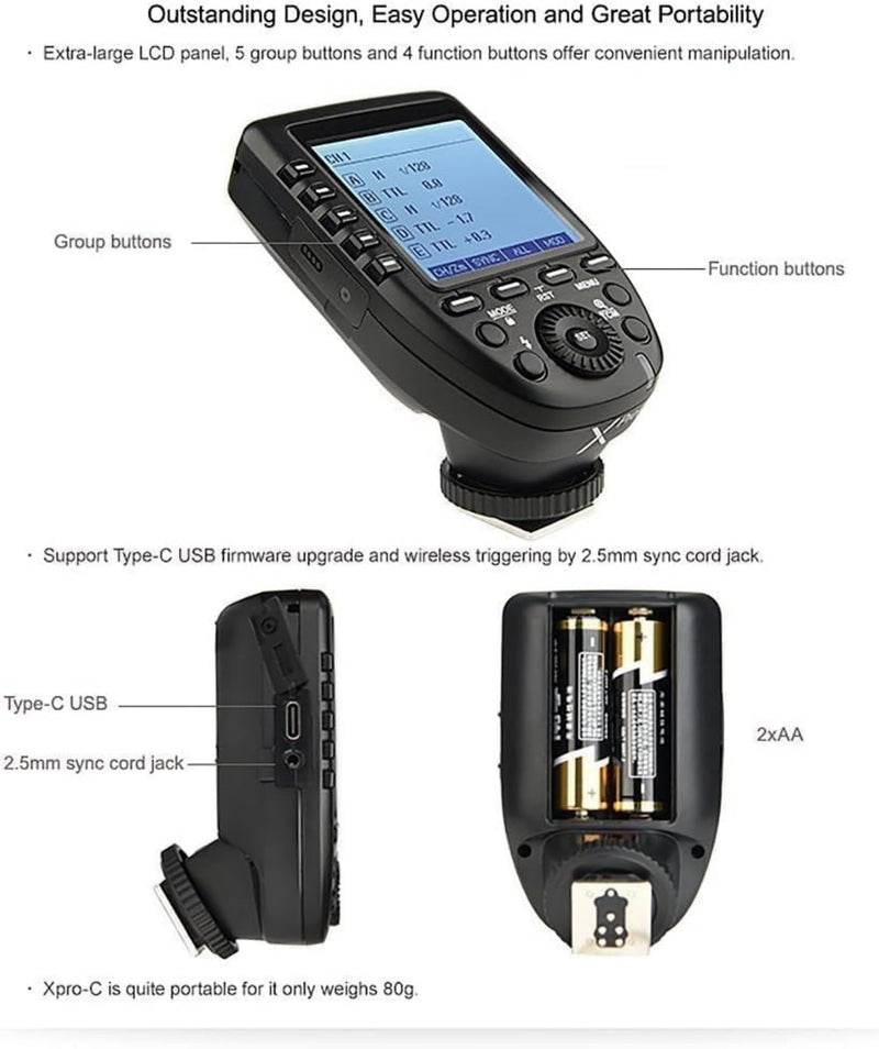 Godox Xpro-S for Sony TTL Wireless Flash Trigger 1/8000s HSS TTL-Convert-Manual Function Large Screen Slanted Design 5 Dedicated Group Buttons 11 Customizable Functions