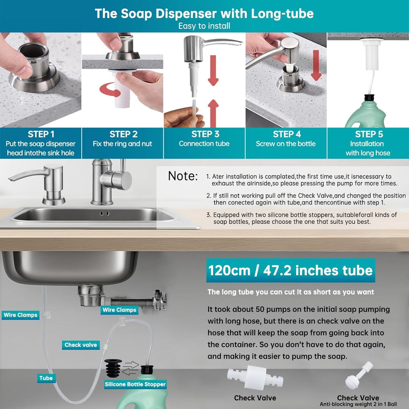 Delle Rosa Soap Dispenser, Liquid Soap Dispensers for Kitchen Sink, Brass Head Kitchen Sink Soap Dispenser Soap,Oil Rubbed Bronze Brass Pump with 47" Extension Tube kit, No Need to Fill Oil Rubbed Bronze(47" Extension Tube Kit)