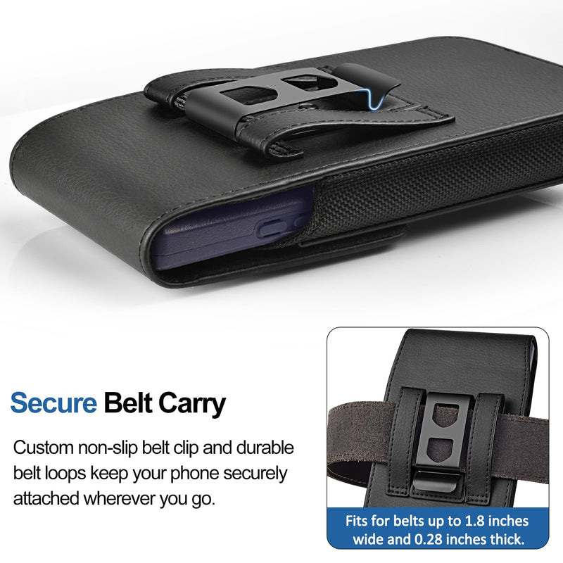 Leather Phone Holster for Samsung Galaxy S25 Ultra, Black | Belt Clip, Magnetic Closure, Card Holder, Premium PU Leather, Elastic Side Bands, Soft Lining, Fits Protective Cover on