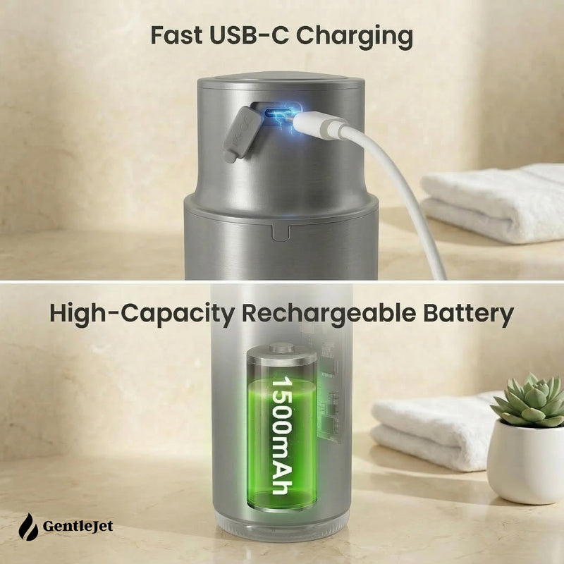 CrystalJet Automatic Foam Soap Dispenser – Stainless Steel, Touchless Sensor, USB-C Rechargeable, Waterproof, Modern Bathroom & Kitchen Sink, 300 ml Silver