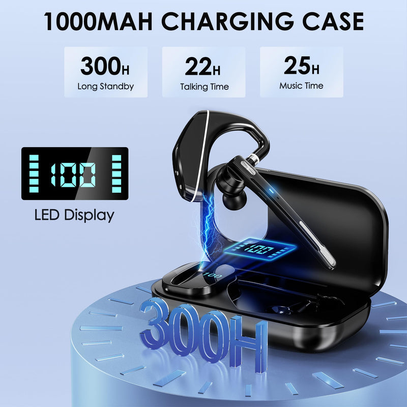 EKVANBEL Bluetooth Headset V5.3, Wireless Earpiece with 1000mAh Charging Case, 96H Talktime, Hands Free Noise Canceling Headphones with Dual-Mic for Computer Cell Phones Trucker Home Office Work Black