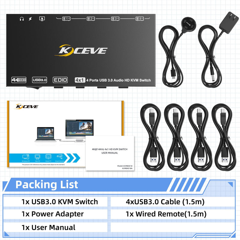 HDMI KVM Switch 4 Computers 8K@60Hz 4K@144Hz, Simulation EDID, Camgeet 4 Port USB3.0 KVM Switch with Audio for 4 Computer Share 1 Monitor and Keyboard Mouse Headset,Wired Remote,Power Adapter Included 8K KVM 4 PC