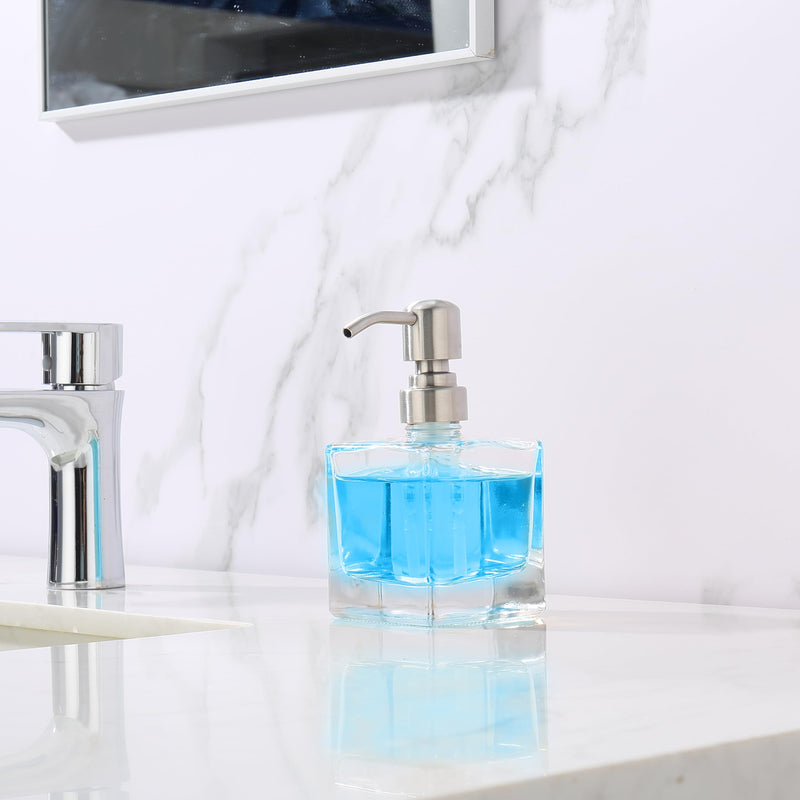  [AUSTRALIA] - Square Bathroom Soap Dispenser Brushed Nickel, Glass Bottles with Stainless Steel Pump Cube Liquid Soap Dispenser Hand Kitchen 8.4oz-Square