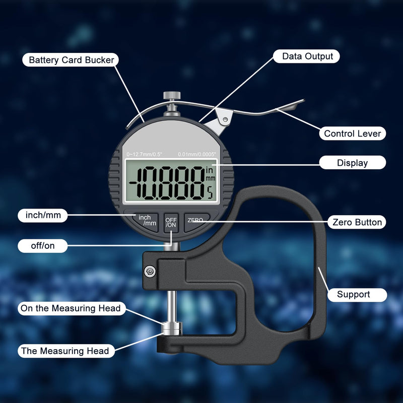 Digital Thickness Gauge 0-12.7mm/0.5" | 0.01mm/0.0005", Thickness Meter Precise Electronic Micrometer with LCD Display, Suitable for Paper/Film/Leather/Wire Thickness Gauge-Black