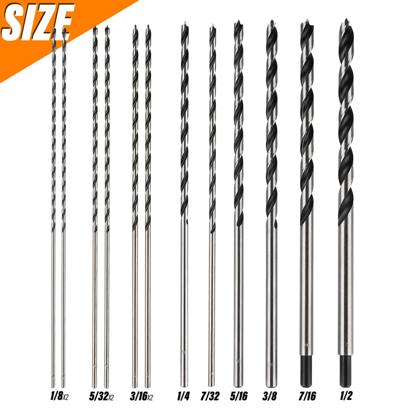 Extra Long 12" Brad Point Wood Drill Bit Set 12PCS (1/8"-1/2") Carbon Steel Long Drill Bits for Wood, Hardwood, Plywood, Plastic Extra Long-12PCS