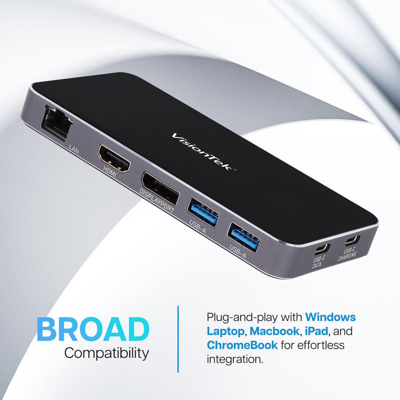 VisionTek VT350 Portable USB-C Dual Monitor Hub - 1x DP, 1x HDMI, 2X USB-A, 1x Ethernet, 1x USB-C for Windows/MacOS/ChromeOS/iOS | Dual Display via HDMI/DP, 100W PD USB-C hub, Plug & Play, Windows MST, Mac SST Support, Travel Dock, Charger not included