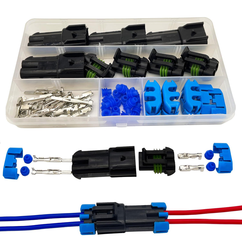 14-12 AWG 2 Pin Connector Weather Pack Connectors Kit 2 Wire Waterproof Automotive Electrical Plug Connectors Quick Connect and Disconnect (4 Set) 2pin/4kit/14-12AWG