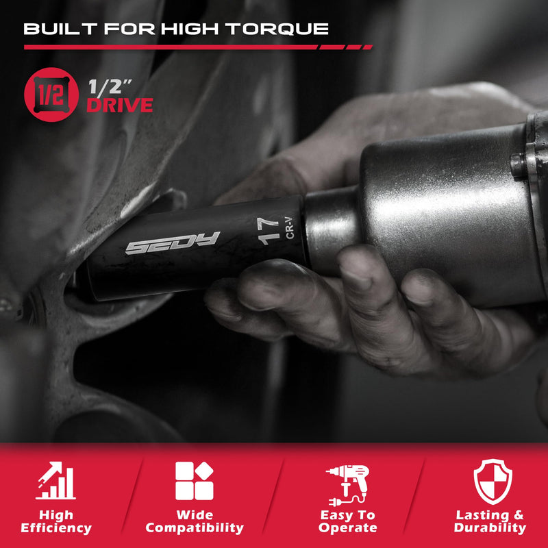 29-Piece 1/2" Drive Impact Socket Set, SAE (3/8 to 1 inch) and Metric (10-24mm) Sizes with Extension Bars Standard Deep Socket Set CR-V Material High Durability Impact Wrench 1/2--29PCS