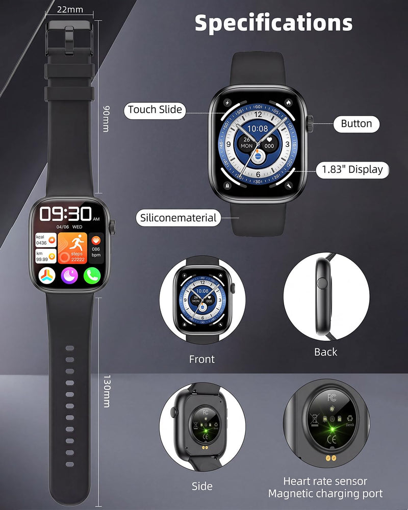 Smart Watch for Women Men, Fitness and Sleep Trackers with 1.83" HD Touchscreen, Bluetooth Calling Smartwatch for Android/iOS, IP67 Waterproof Multi-Sport Modes Pedometer, Jet Black