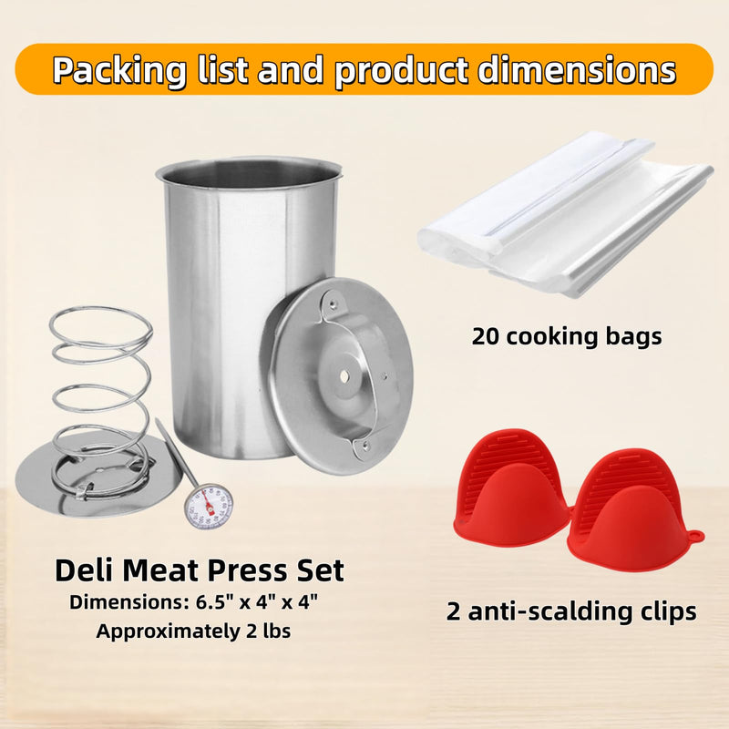 Deli Meat Press Stainless Steel with Thermometer, Lunch Meat Press Mold, Ham Maker Meat Press Tool, with 20 Cooking Bags + 2 anti-scalding clips, for Making Sandwich (Deli Meat Press Set) Deli Meat Press Set