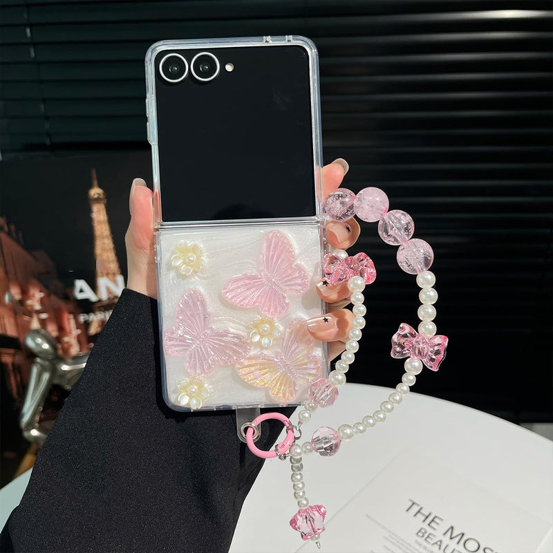AuroiCYY for Samsung Galaxy Z Flip 8 Case with Chain, Cute 3D Pearl Bling Crystal Clear Sparkle Butterfly Floral Case for Women Girls Shockproof Soft Phone Cover with Wrist Strap for Z Flip8 5G, Pink