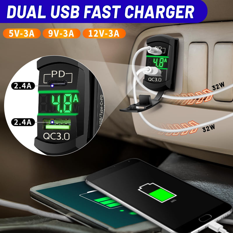 Rocker Switch USB Type C Charger with New Updated Ammeter and Voltmeter Universal Fits Rocker Switch Panel 12V 24V Dual USB Charging Port Outlet for RV Cars Marine Boats ATVs Trailers Type C USB Current-voltmeter Green