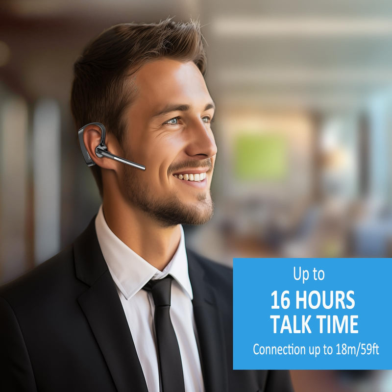 Conambo Bluetooth Headset with Dual Mic Noise Canceling & Mute Button Wireless Earpiece 16 Hrs Talking for Home Office Trucker – Compatible with iPhone Android Phone (K18) Black