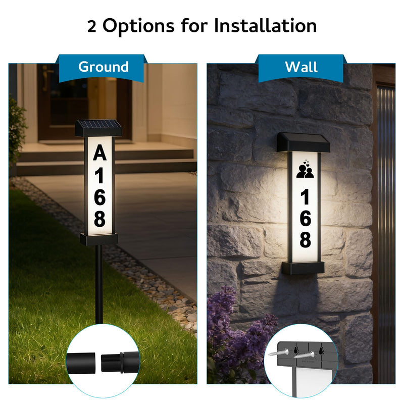 Lacasa Solar Address Sign, Dual-Sided Lighted House Numbers for Outside, Waterproof LED Illuminated Address Plaque with Stakes, 3 Color Modes, Wall Mounted or In Ground for Yard Home