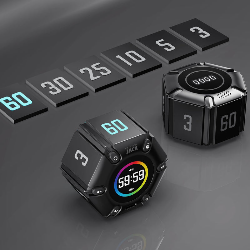 Jack Pomodoro Timer - Productivity Cube, Visual Focus Timer, Mute & Vibration & Adjustable Sound Alert, for Office, ADHD, Study, Work, 3/5/10/25/30/60min & Custom Countdown - Black Real Black