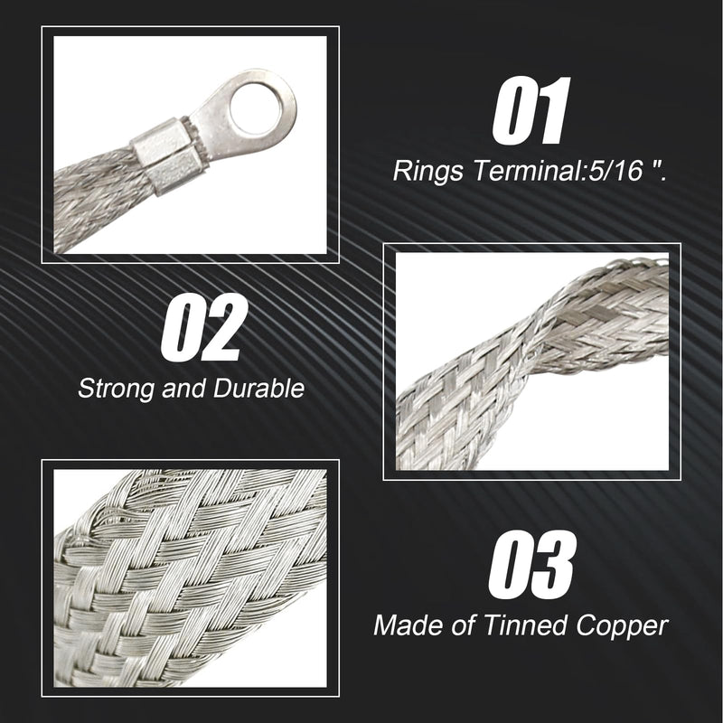 Braided Ground Strap Tinned Copper Ground Strap Automotive 20 inch X 1/2 inch with 1/2 inch Ring to 1/4 inch Ring Terminal Connectors 3PCS