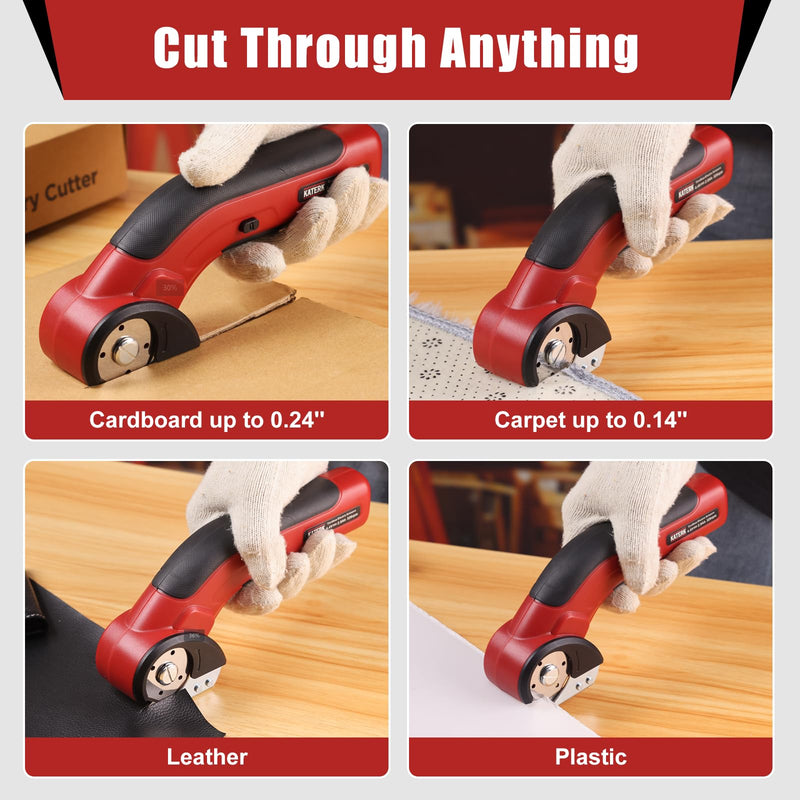Katerk Electric Cardboard Cutter 4.4V, Cordless Electric Scissor with 2pcs Self-Sharpening Blade USB Rechargeable Safety Lock, Power Rotary Box Cutter for Fabric, Carpet, Plastic