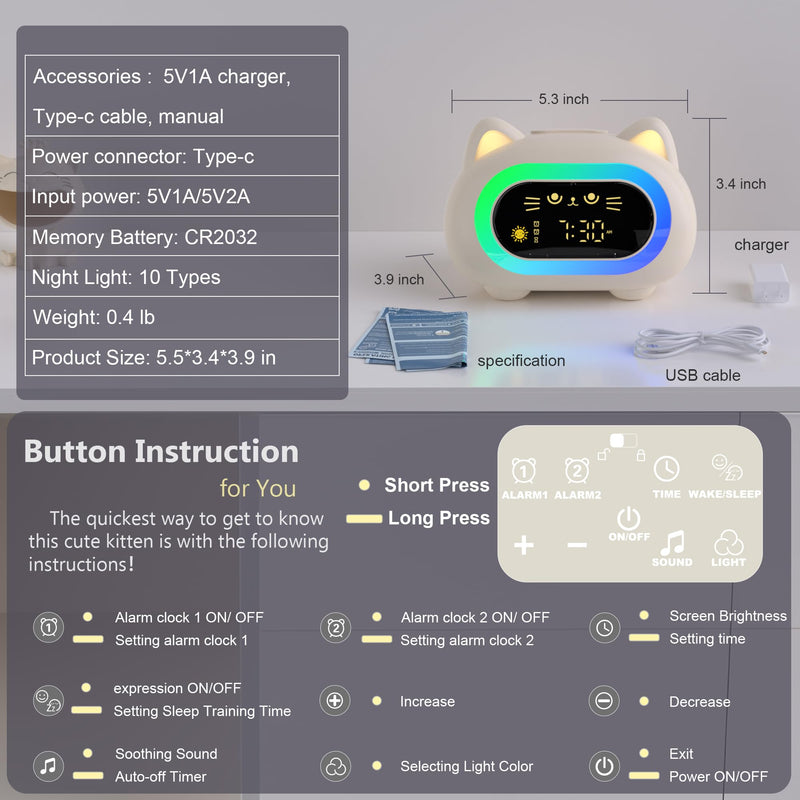 Alarm Clock for Kids, Ok to Wake Clock for Kids with Eye Protection Sleep Training Auto Off Feature 10 Night Light Dual Alarm, Kids Alarm Clock Cute Cat Gifts for Girls Creamy White New