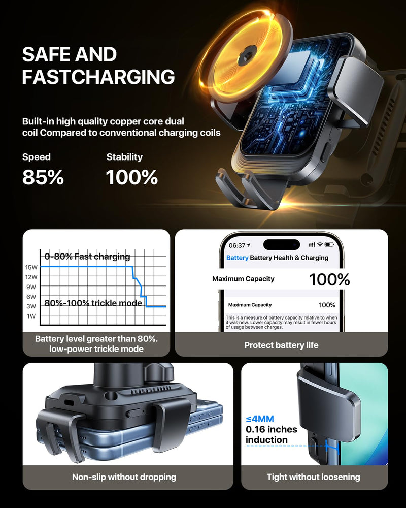 Wireless Car Charger, 15W Auto Clamping Car Charger Dash Windshield Air Vent Phone Holder Compatible with iPhone 17 16 15 14/13/13 Pro/12 pro/12/11/X/8, Samsung S25/S24/S23/S22,etc (Black) Black