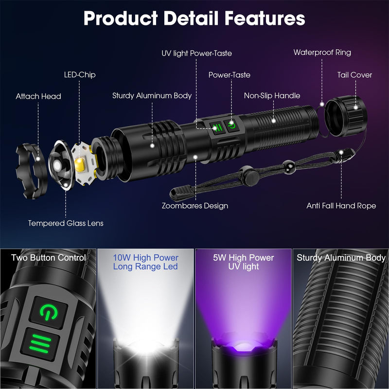 UV Blacklight&High Lumens Flashlight Rechargeable, Powerful Blacklight Flashlights for Pet Urine Detection, Resin Curing, Scorpion, Zoomable Waterproof Tactical LED Flashlight for Camping, Emgergency Black