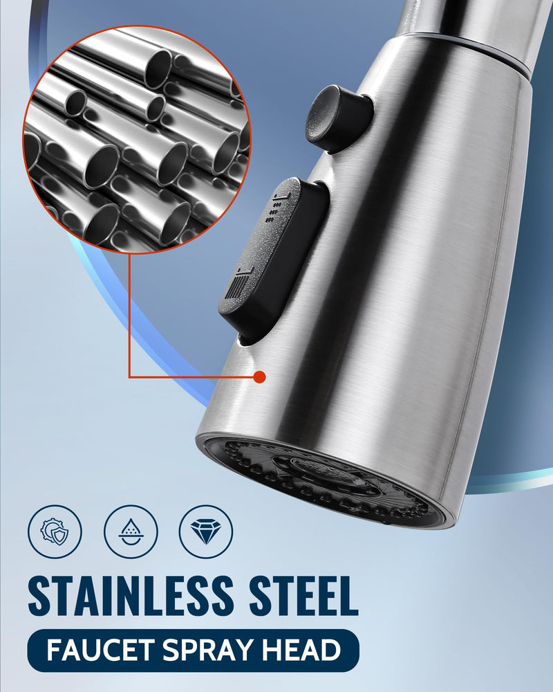 Kitchen Faucet Head Replacement:Stainless Steel Spray Head,3 Modes Pull Out Spray Nozzle with 9 Adapters for Kitchen Sink Faucet,Compatible with Moen Kohler Delta Kitchen Faucets G1/2,Brushed Nickel Brushed Nickel Stainless Steel