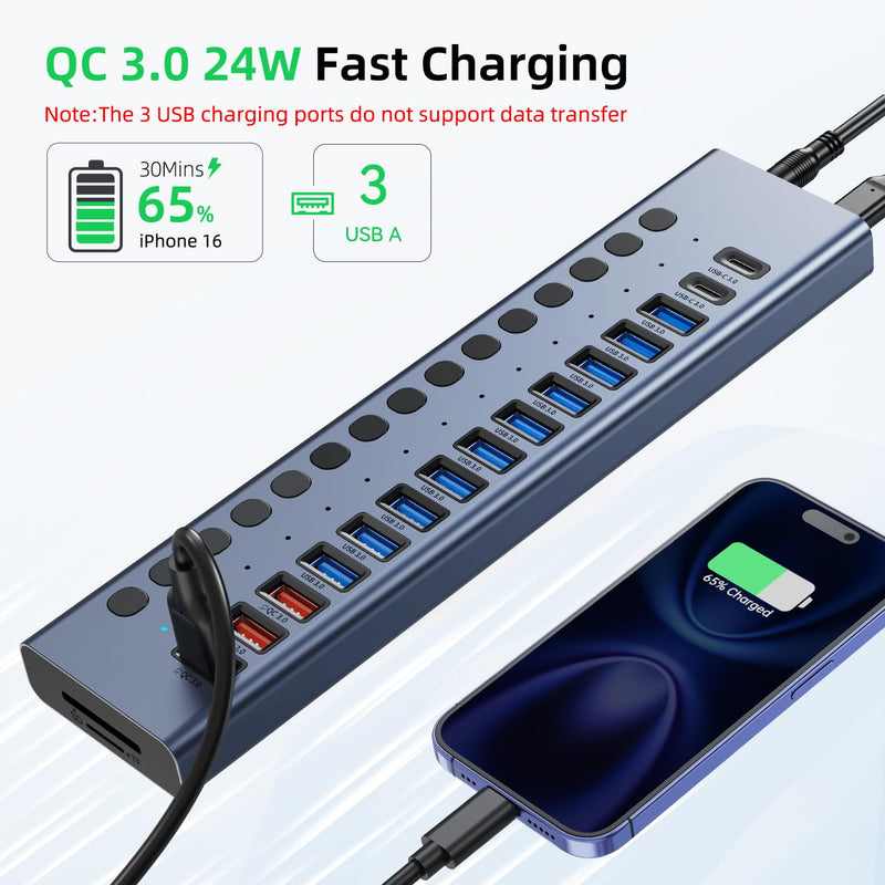 Powered USB Hub 10Gbps, 17 Ports 96W USB 3.2 Hub(10 USB-A 3.2 Ports+3 QC 24W Fast Charging Ports+2 USB-C 3.2 Ports+SD/TF Card Reader), 12V/8A Power Adapter for Laptop, PC, Computer, HDD,Flash Drive Gray