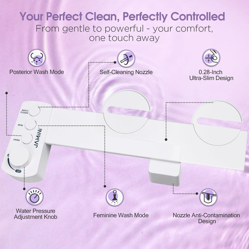 Jamini Ultra-Slim Detachable Bidet Attachment for Toilet – Non-Electric Cold Water, Self-Retraction Dual Nozzles, Step-less Pressure Dial, Dedicated Cleaning Mode, CA65 Certified Signature Dial – Top