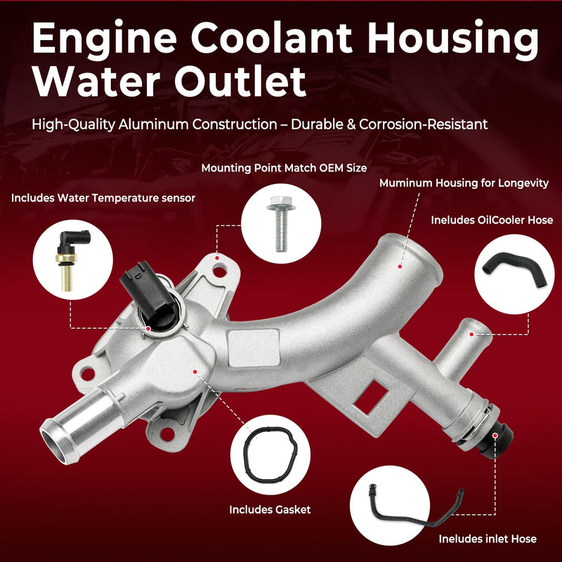 Aluminum Engine Coolant Housing Water Outlet Kit with Hoses Compatible with 2011-2016 Chevy Cruze, 2012-2020 Sonic, 2015-2020 Trax, 2013-2019 Buick Encore 1.4L Replaces 25193922 902-846 13251447 Water Outlet & 2 Hoses