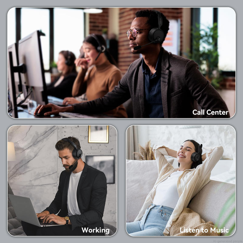 Bluetooth Headset with Microphone, 60 Hrs Bluetooth Headphones with Mic, Wireless Headset with Mic for Work/Meetings/Office/iPhone/Phone Calls/Call Center/Computer/PC/Teams/Zoom/Podcast/Skype/WebEx Black