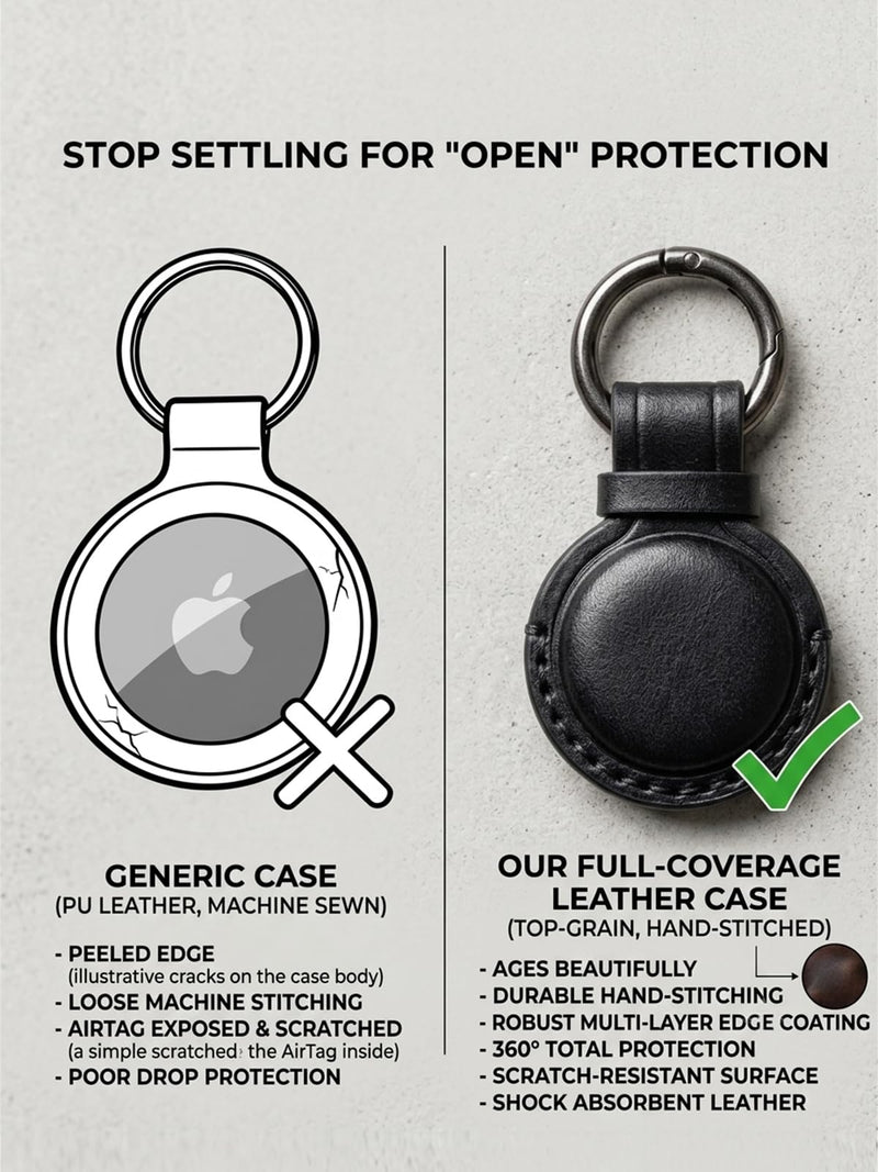 JusBumio Leather Keychain Compatible with Apple AirTag 2nd & 1st Gen | Handcrafted Full Grain Veg-Tanned Leather, Full-Wrap Hidden Holder, No signal/audio loss, Glossy Black Flat Black