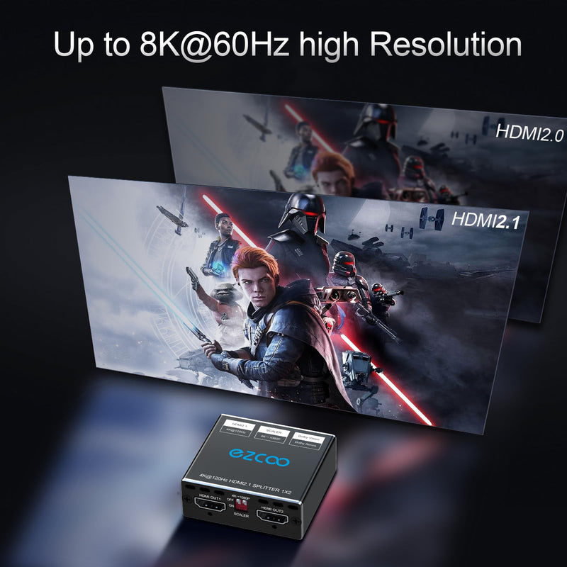 HDMI 2.1 Splitter 4K 120Hz 8K 60Hz 1 in2 out VRR ALLM HDCP2.3 HDR10 8KUHD Dolby Vision Atmos Scaler 4K EDID 1080P Dual Monitors HDMI 2.1 Splitter 1X2 for PS5 SkyQ Xbox NVIDIA AMD