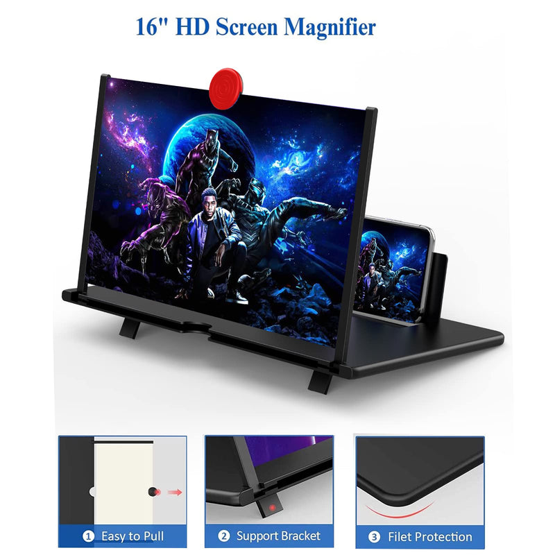 16" Screen Magnifier for Cell Phone, Mobile Phone 3D HD Magnifying Projector Screen Enlarger for Movies, Videos and Gaming, Foldable Phone Stand with Screen Amplifier,Compatible with All Phones Bkack-16inch