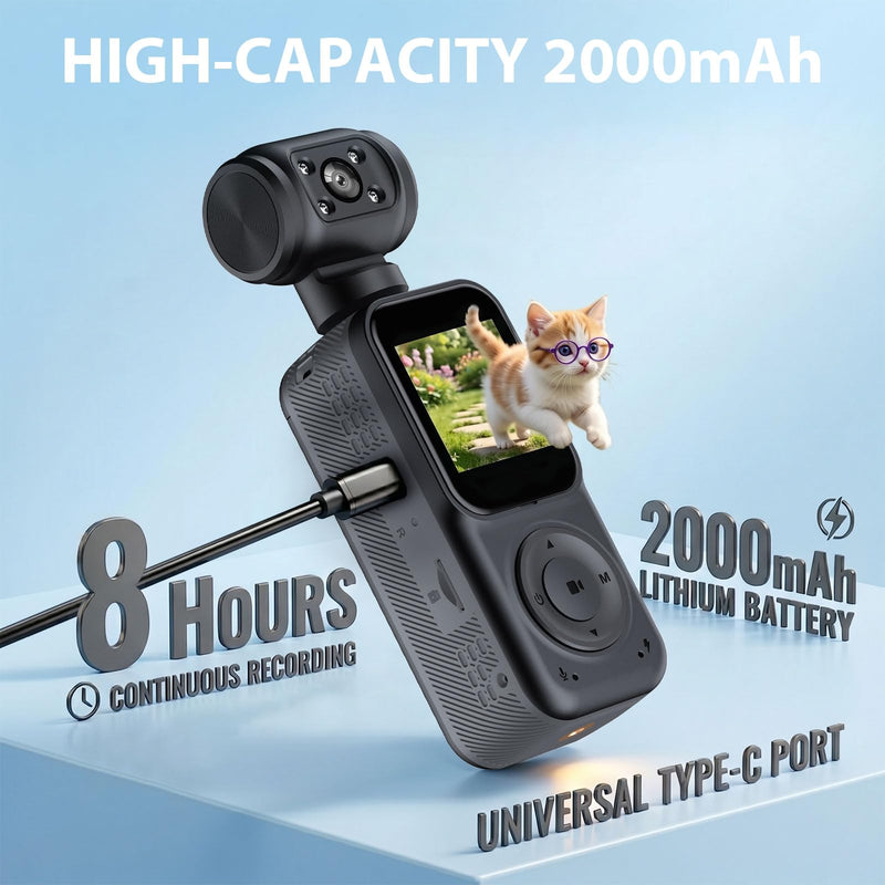 2K Handheld Vlogging Camera, Portable Pocket POV Camcorder Body Cam | 2k HD Recording, 180° Rotatable Lens, Eis Stabilization, Wifi Connection, Four Fill Light, 8 Hour Battery Life for Vlogging