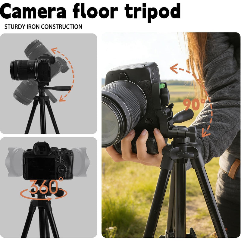 Professional Portable Travel Aluminium Camera Tripod Accessories Stand with Pan Head for Camera and Phone, Adjustable Height Up to 1.2m