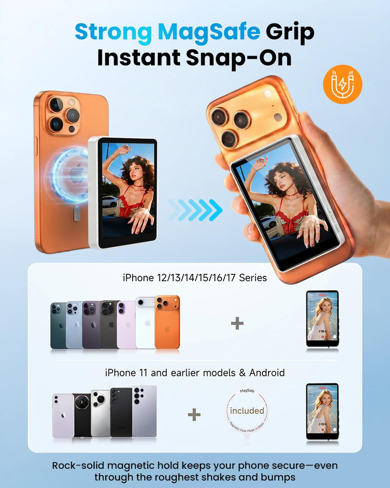 Magnetic Vlog Selfie Monitor Screen for iPhone & Android, 4-Inch IPS HD Wireless Back Camera Monitor with Bluetooth Remote, 1800mAh Battery, 3-Level Brightness, No Delay Live Stream for TikTok YouTube White
