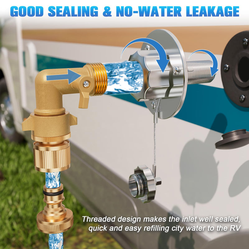 All Metal RV City Water Inlet with Check Valve, RV Water Inlet Replacement, Adjustable 90° Brass Hose Elbow, 3/4" GHT Quick Hose Connector, for RV Camper Motorhome Trailer Marine Water Inlet with 90° Elbow and Quick Connector