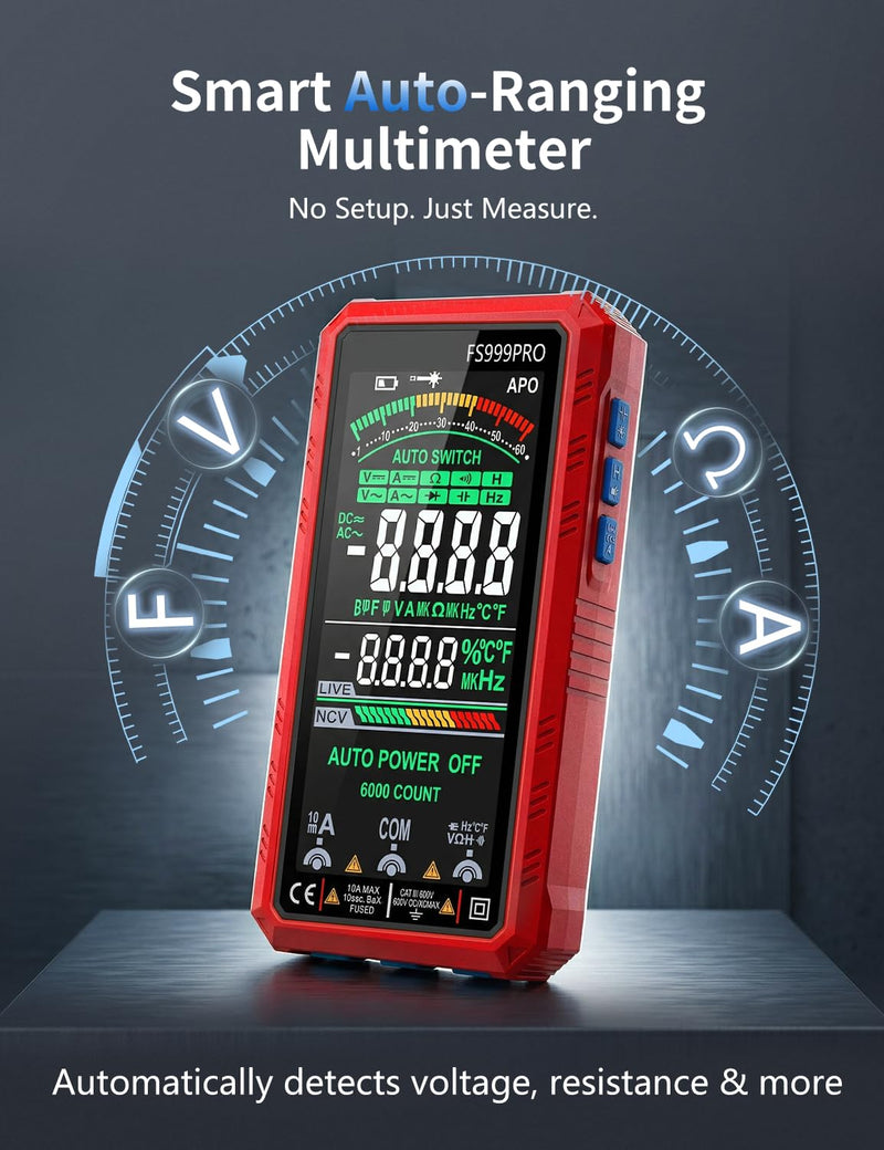 Digital Multimeter, Auto-Ranging Smart Electrical Tester, 6000 Counts TRMS, USB-C Rechargeable, Easy-to-Read Color Display, NCV Detection for Home, Automotive & DIY Use