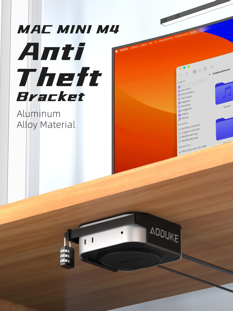 Aluminum Alloy 2024 Mac Mini M4 with Combination Lock Security Bracket, Compatible with VESA Hole Monitor or Plaster wall, with lock Under Desk and Wall Mount Anti-theft dock-AJM4GS-B Black with lock Stand