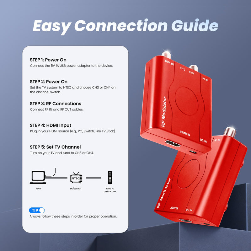HDMI to RF Modulator with 1.2M HDMI Cable & Power Adapter,Plug and Play Coax RF Converter for TV, 1080P PLL Control NTSC Output CH3/CH4 RF Converter for Antenna TVs and Game Consoles（red）