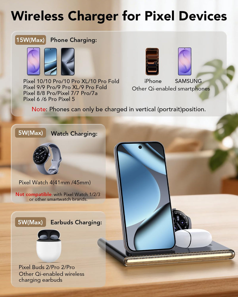 3 in 1 Foldable Wireless Fast Charging Station for Google Pixel Watch 4 | Google Charging Station for pixel 10, Travel Pixel Watch 4 Charger Stand, Light Nightstand Charging Dock (Only for Watch 4) Black