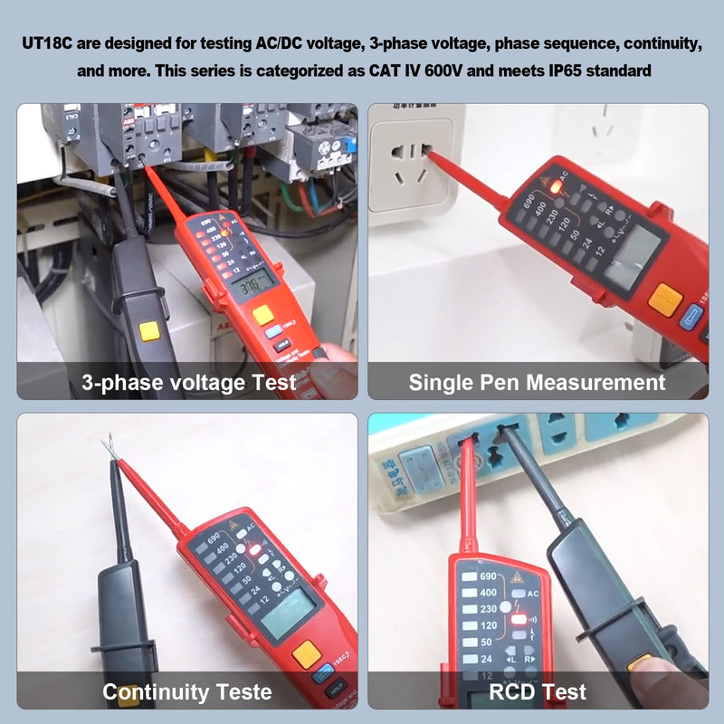 UNI-T UT18C Waterproof Voltage Tester Professional 12V~690V Voltage and Continuity Tester Multifunction Digital Electrical Voltage Meter AC/DC Automatic Range LCD Display
