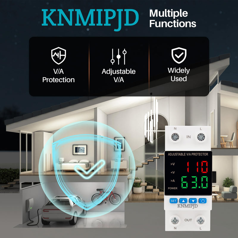 Adjustable Voltage Protector AC/DC 110V 63Amp Smart Breaker Adjustable Over Under Voltage Protection Double LED Display Voltage Current Intelligent Relays Reset Prote