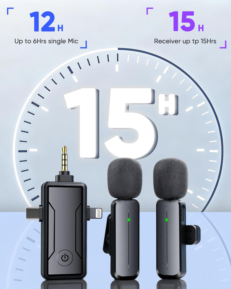 Wireless Microphone for iPhone/iPad, 3-in-1 Bluetooth Lavalier Mic with Noise Reduction, Plug & Play Lapel Clip for TikTok YouTube Podcast Vlog Recording