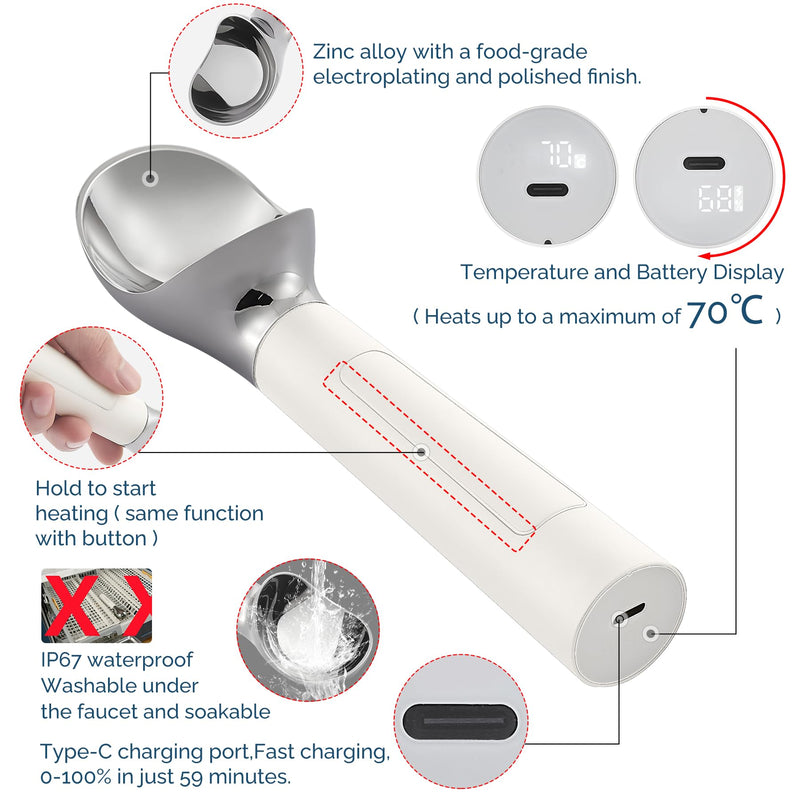 Heated Ice Cream Scoop Rechargeable, Electric Warming Ice Cream Scooper with LED Display, Heats to 158°F for Hard Ice Cream, Easy for Seniors & Kids, IP67 Waterproof (White, 2 oz) White