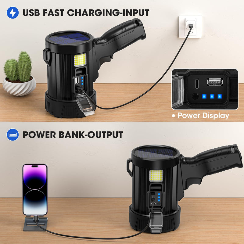 Rechargeable Spotlight, 1,000,000 Lumens Super Bright Handheld Led Flashlight, Outdoor Spot Light with Cob Light and Solar Panelsfor Boating Camping