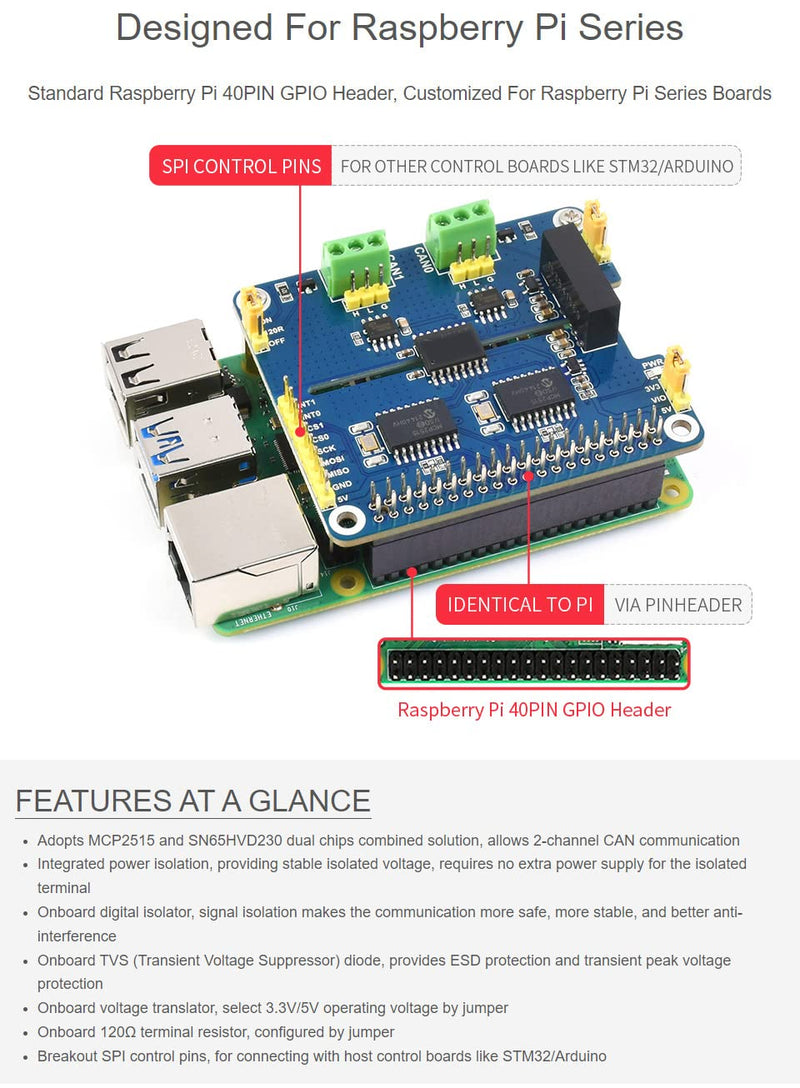 Waveshare 2-Channel Isolated CAN Bus Expansion HAT, Compatible with Raspberry Pi 5/4B/3B/Zero/Zero W/Zero 2W/Pico/Pico W/Pico WH,MCP2515 + SN65HVD230 Dual Chips Solution, Multi Protection Circuits