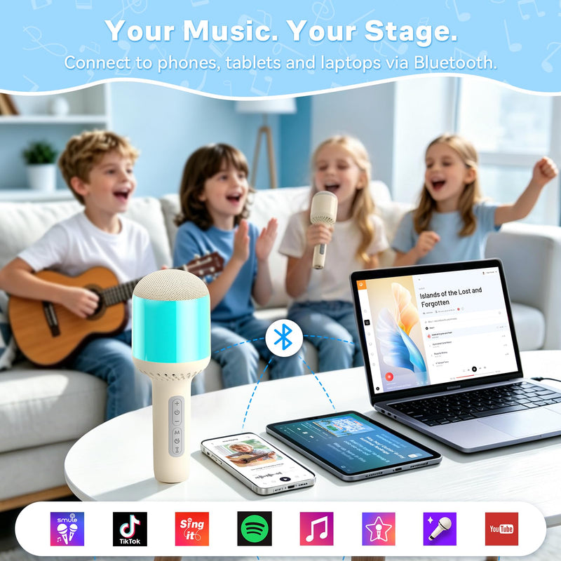 StageSound Kids Karaoke Microphone with Lights, Bluetooth Wireless | Handheld Mic for Kids & Adults, 6 Voice Modes, RGB & Night Light, Headphone Jack, 5-10H Play, Birthday Gift