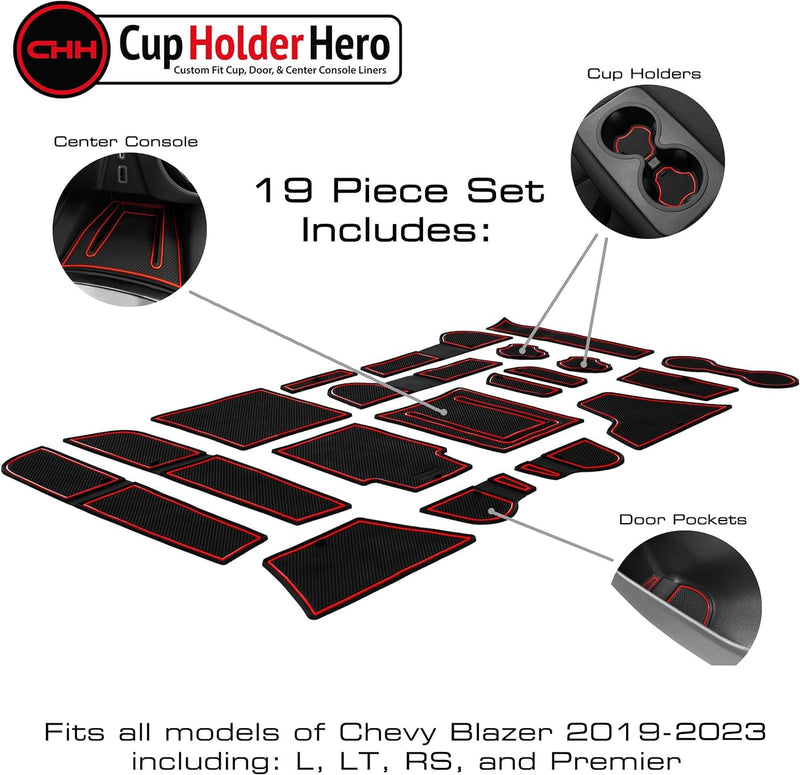 CupHolderHero Fits with Chevy Blazer Accessories 2019-2023 Premium Custom Interior Non-Slip Anti Dust Cup Holder Inserts, Center Console Liner Mats, Door Pocket Liners 19pc Set (Red Trim) Red Trim