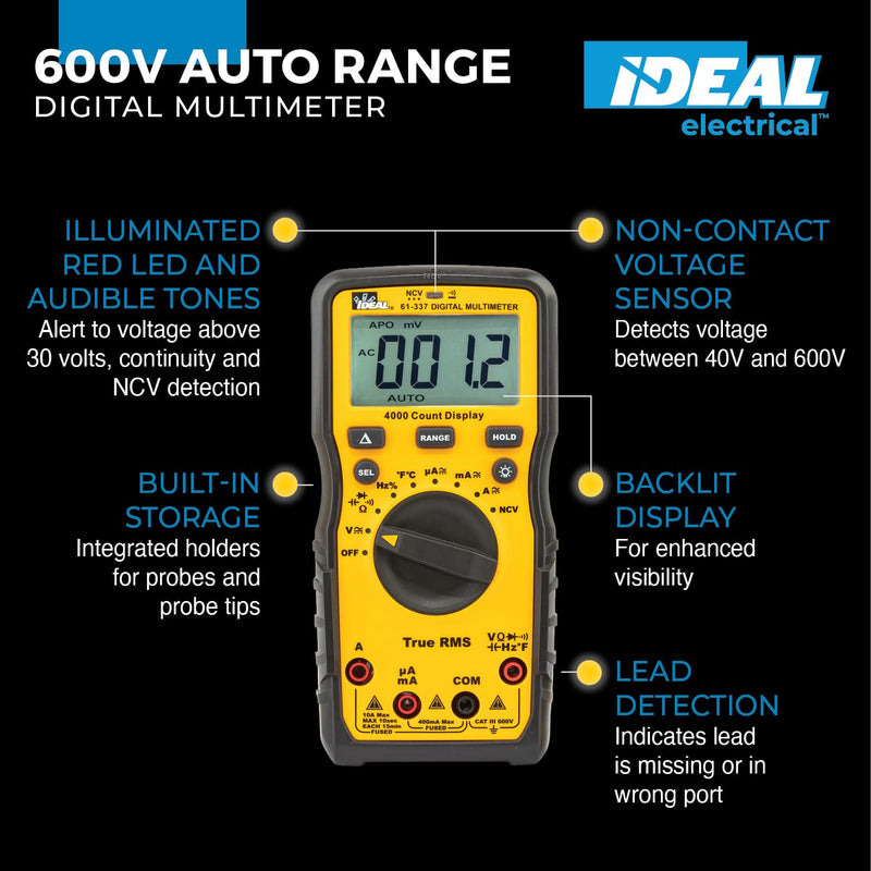 Ideal Electrical 61-337 Auto Range Digital Multimeter with NCVT and Temperature, 600V, CAT III