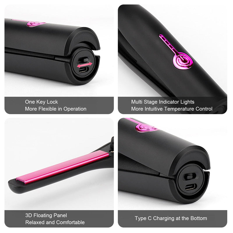 Pencil Flat Iron Cordless Small Flat Iron Hair Straightener Curler 2 in 1 with PTC Fast Heating & 2600mAh Battery (Black) Black